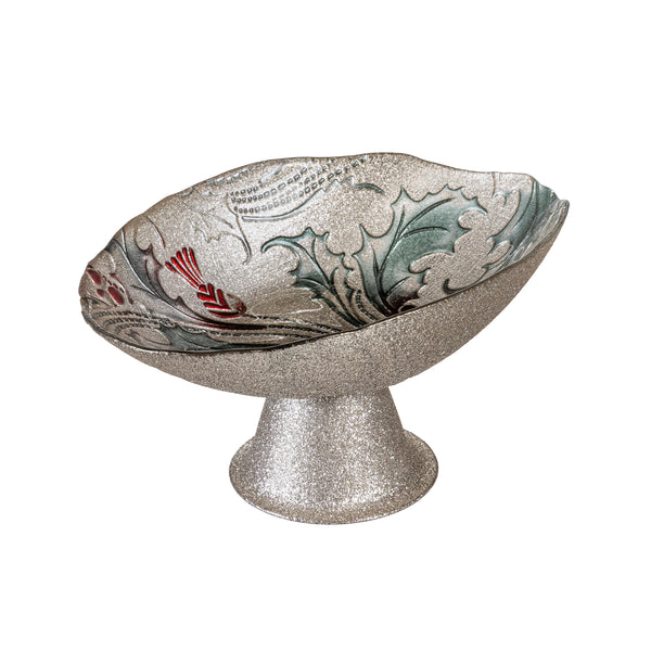 Plow & Hearth Joyful Traditions Bowl Glass Holly And Berries Footed Bowl 8.25"L