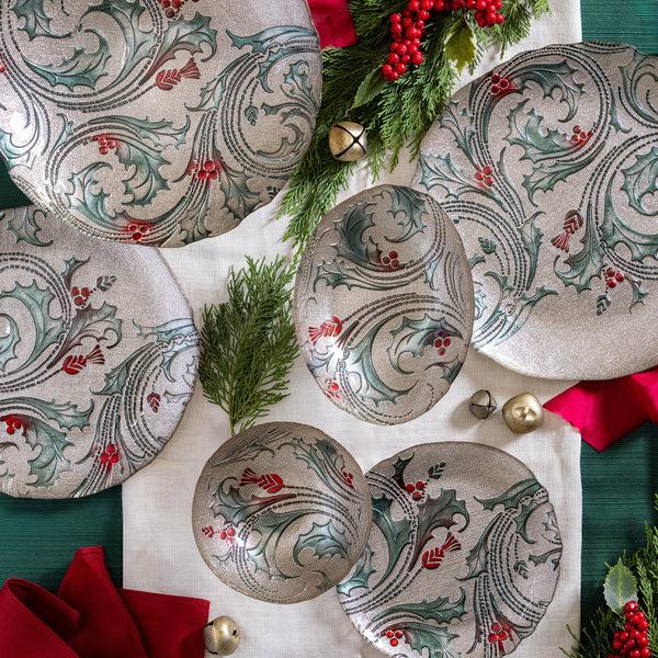 Plow & Hearth Joyful Traditions Bowl Glass Holly And Berries Footed Bowl 8.25"L