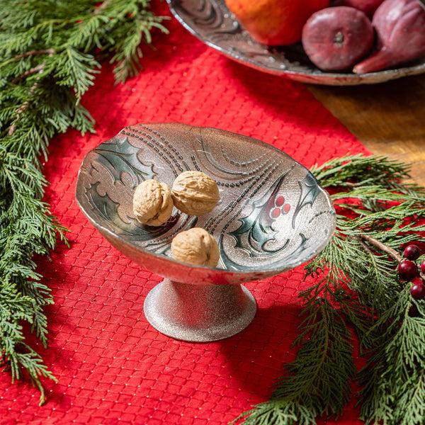 plow & hearth Joyful Traditions Bowl Glass Holly and Berries Footed Bowl 8.25"L