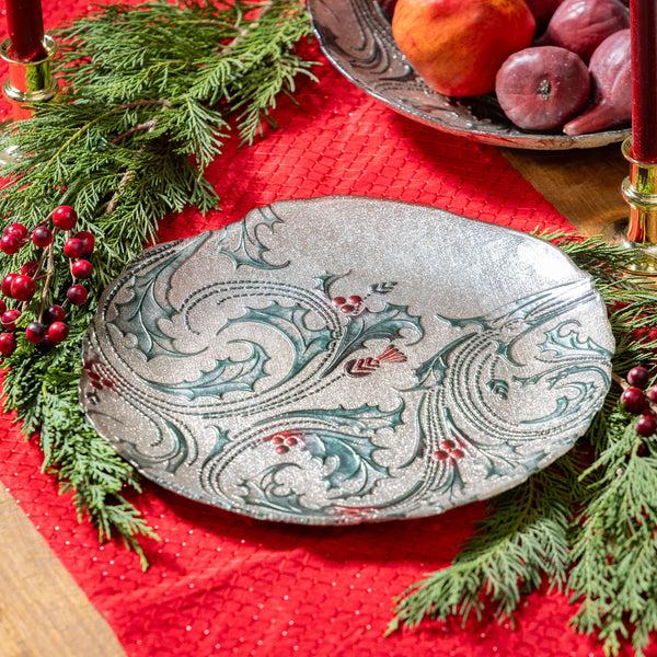 plow & hearth Joyful Traditions Holly 12.5" Glass Serving Plate Set of 6
