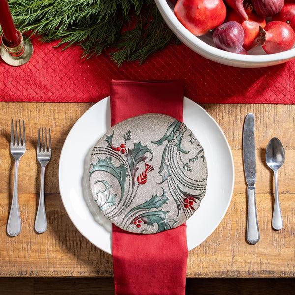 plow & hearth Joyful Traditions Holly and Berries 8.25" Glass Salad Plate Set of 6