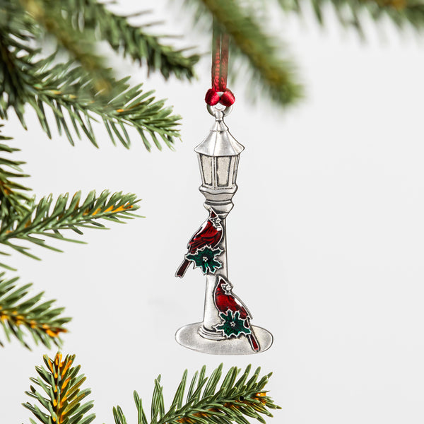 plow & hearth Joyful Traditions Ornament Solid Pewter Lamp Post with Cardinals 3.5"H
