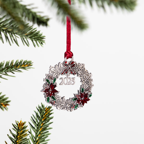 plow & hearth Joyful Traditions Solid Pewter Wreath 2025 Ornament