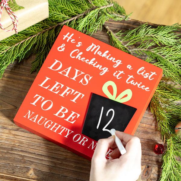 Plow & Hearth Joyful Traditions Table Décor Naughty Or Nice Christmas Countdown Wood Table Sign 8"
