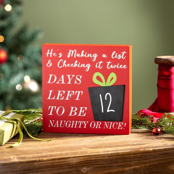 plow & hearth Joyful Traditions Table Décor Naughty or Nice Christmas Countdown Wood Table Sign 8"