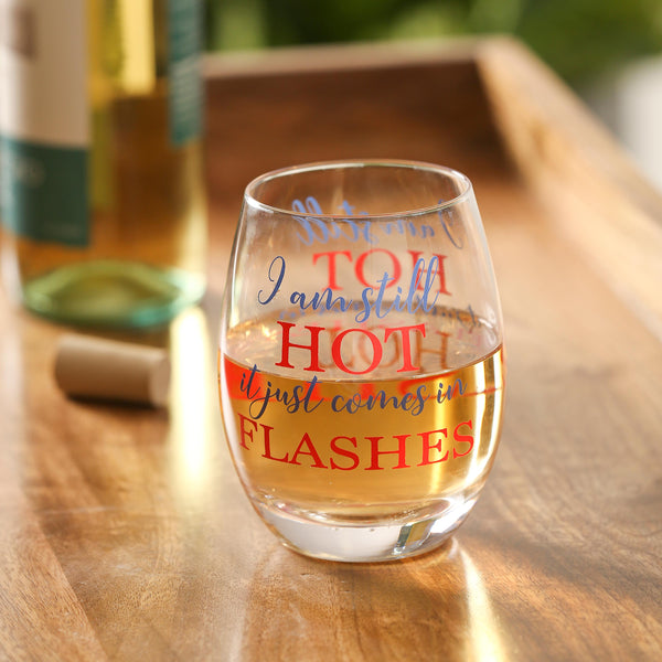 plow & hearth Just for Laughs Wine Glass Stemless Glass I Am Still Hot 17oz Gift Box