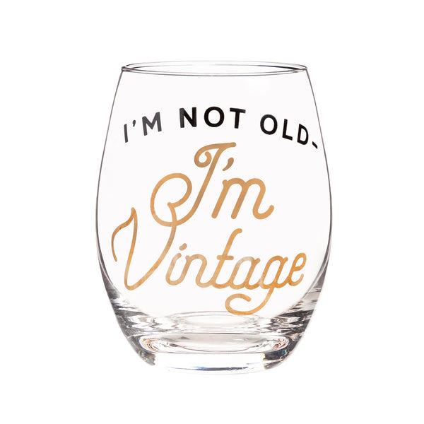 Plow & Hearth Just For Laughs Wine Glass Stemless Glass I'm Not Old I'm Vintage 17oz Gift Box