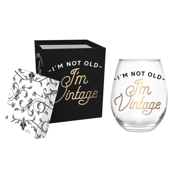 Plow & Hearth Just For Laughs Wine Glass Stemless Glass I'm Not Old I'm Vintage 17oz Gift Box