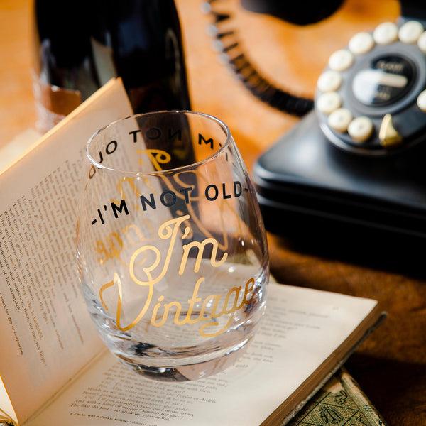 plow & hearth Just for Laughs Wine Glass Stemless Glass I'm Not Old I'm Vintage 17oz Gift Box