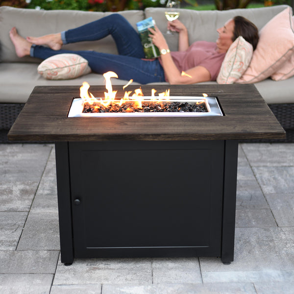 plow & hearth Kamden Propane Gas Fire Pit with Faux Wood Tabletop and Glass Rocks