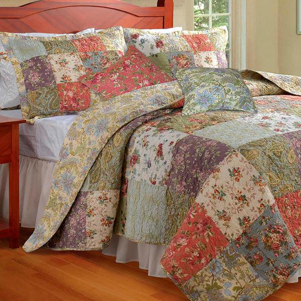 plow & hearth King 100% Cotton Wildflower Patchwork Block Quilt Bonus Set