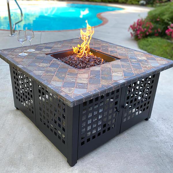 plow & hearth Kingsbury Outdoor LP Gas Fire Pit with Slate and Marble Tile Mantel 42"