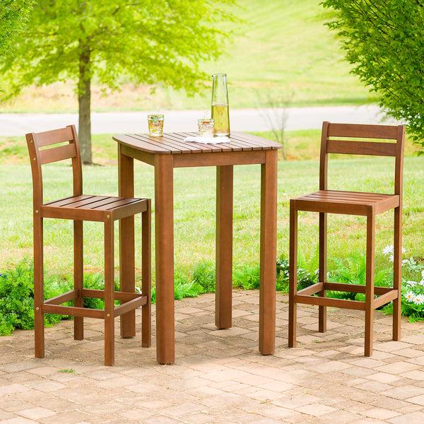 plow & hearth Lancaster Eucalyptus Outdoor Bar Set with Table and 2 Bar Stools 3-Piece Set