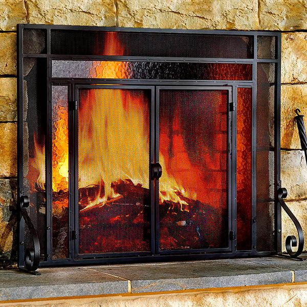 plow & hearth Large Steel Fire Screen with Two Doors and Tempered Glass Accents