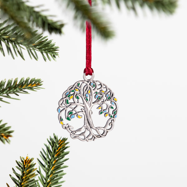 plow & hearth Large Tree of Life Solid Pewter Ornament with Colorful Leaves