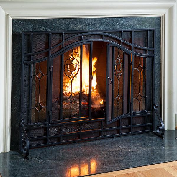 Plow & Hearth Large Two-Door Fireplace Screen With Glass Floral Panels