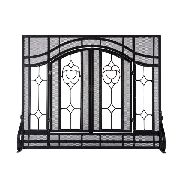Plow & Hearth Large Two-Door Fireplace Screen With Glass Floral Panels
