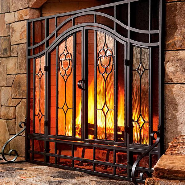 plow & hearth Large Two-Door Fireplace Screen with Glass Floral Panels
