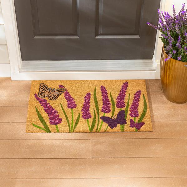 Plow & Hearth Lavender Field Of Dreams Coir Mat With Rubber Embossed Butterfly
