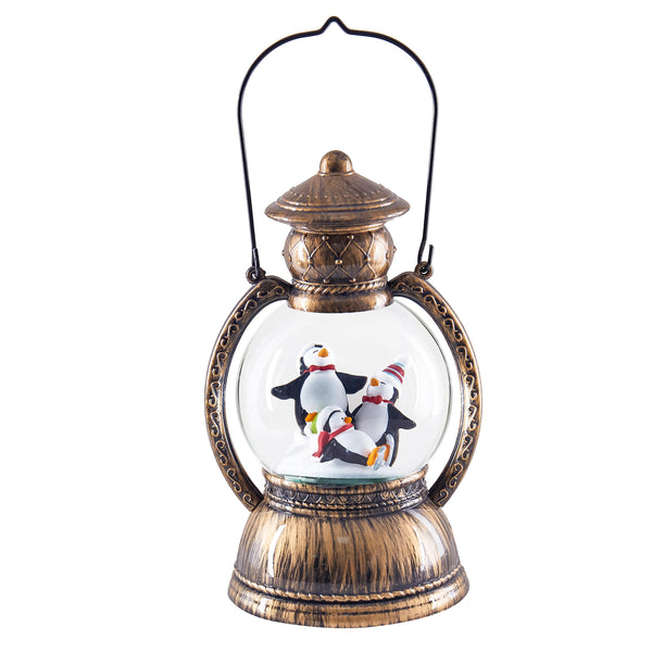 plow & hearth LED Musical Polyresin Water Globe Lantern with Holiday Scene Table Decor