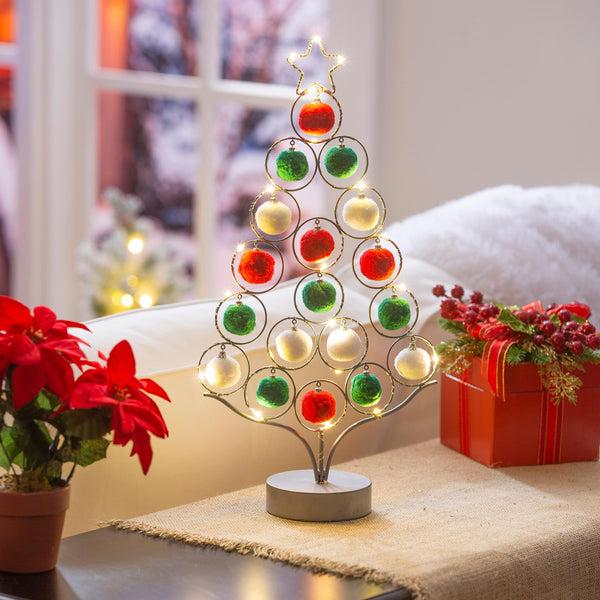 plow & hearth LED Tree with Pom Pom Ornaments Metal Table Décor 16"