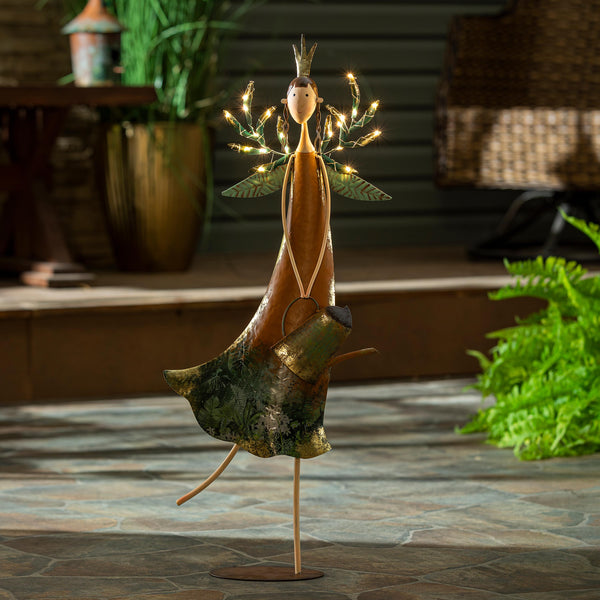 plow & hearth Lighted Fairy Girl with Watering Can Garden Statue