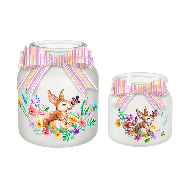 Plow & Hearth Lighted Glass Jar With Springtime Bunny Scene Set Of 2