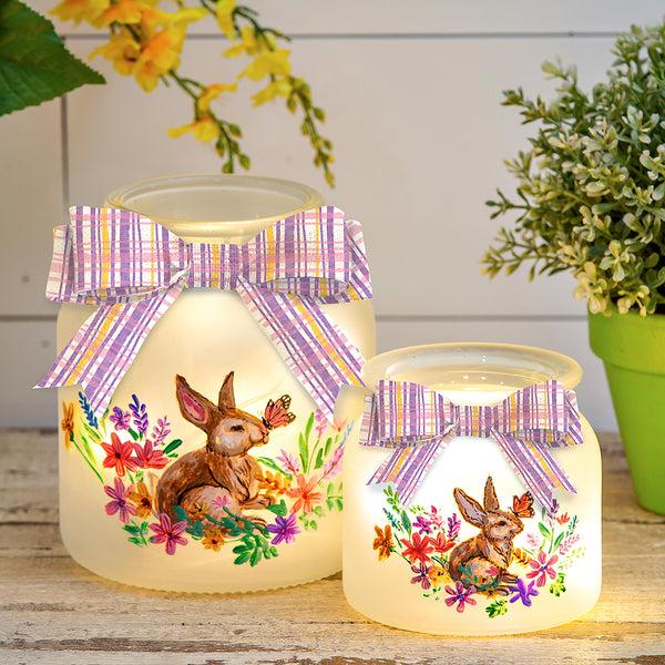 plow & hearth Lighted Glass Jar with Springtime Bunny Scene Set of 2