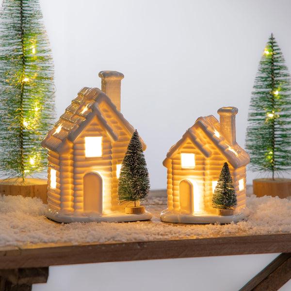 Plow & Hearth Lighted Houses With Bottle Brush Trees Set Of 2