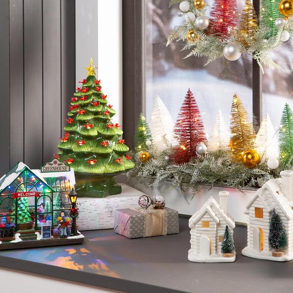 Plow & Hearth Lighted Houses With Bottle Brush Trees Set Of 2