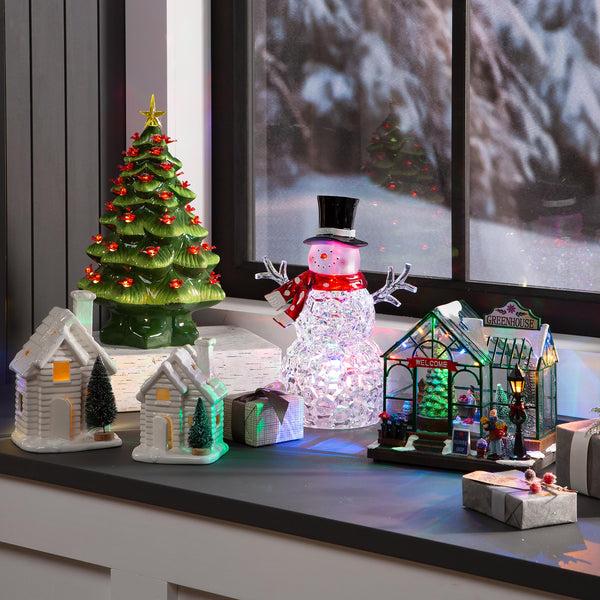 Plow & Hearth Lighted Houses With Bottle Brush Trees Set Of 2