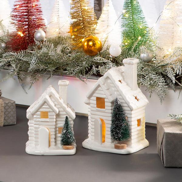 plow & hearth Lighted Houses with Bottle Brush Trees Set of 2