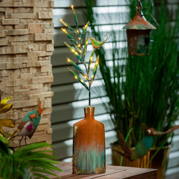 plow & hearth Lighted Metal Vase with Bird Garden Statue