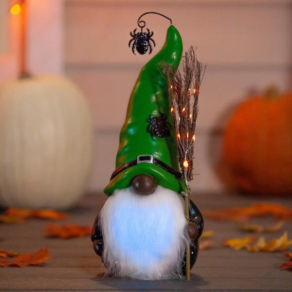 plow & hearth Lighted Witch Gnome Statue with Spider Hat
