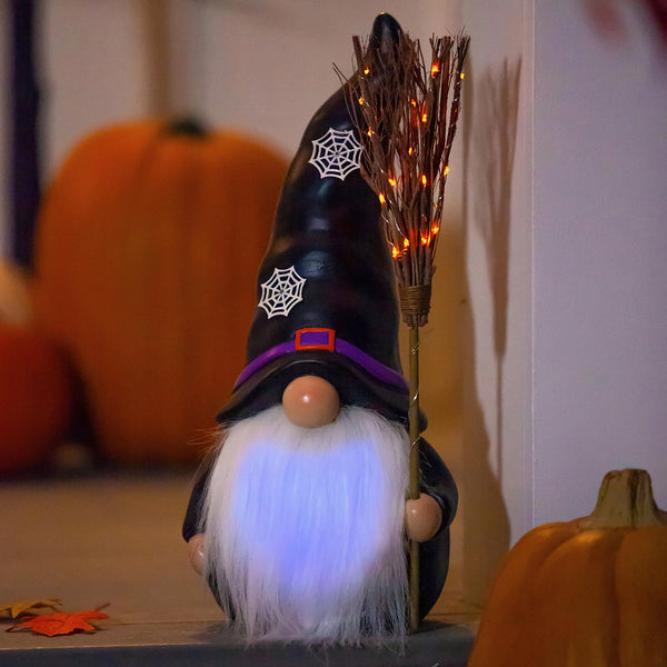 Plow & Hearth Lighted Witch Gnome Statue With Spiderweb Hat