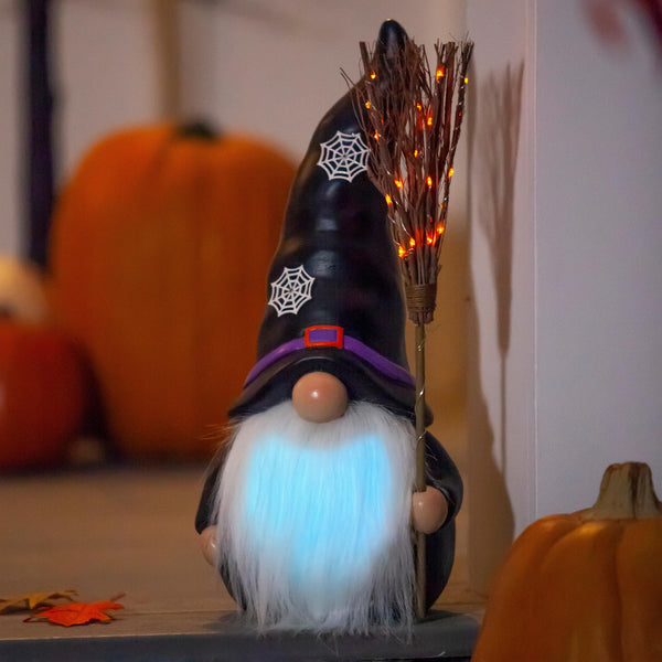 Plow & Hearth Lighted Witch Gnome Statue With Spiderweb Hat