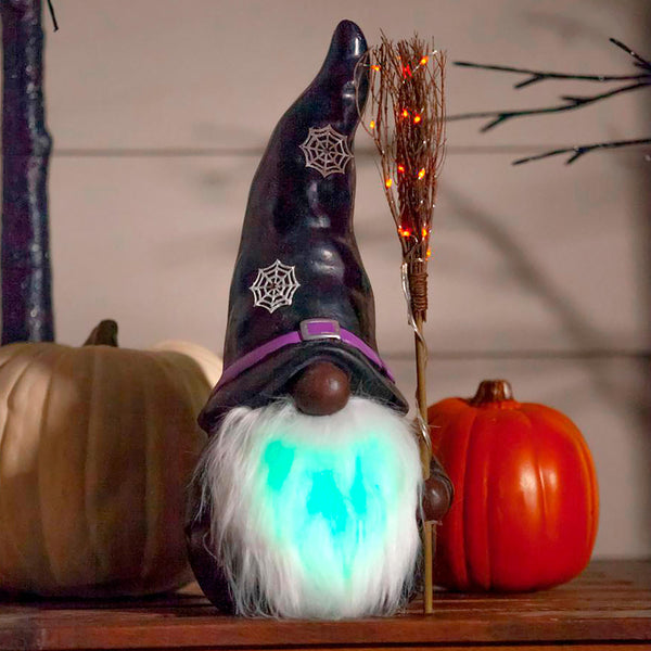 plow & hearth Lighted Witch Gnome Statue with Spiderweb Hat