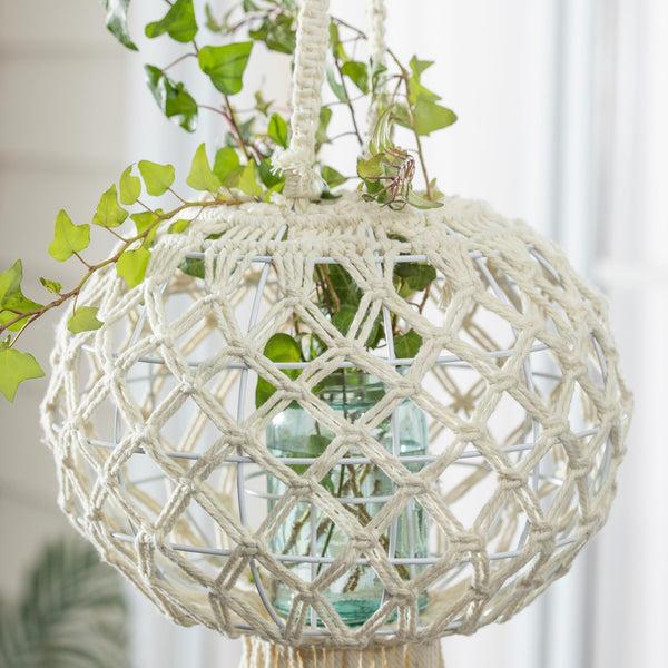 Plow & Hearth Macrame Large Hanging Globe Plant Cover Natural