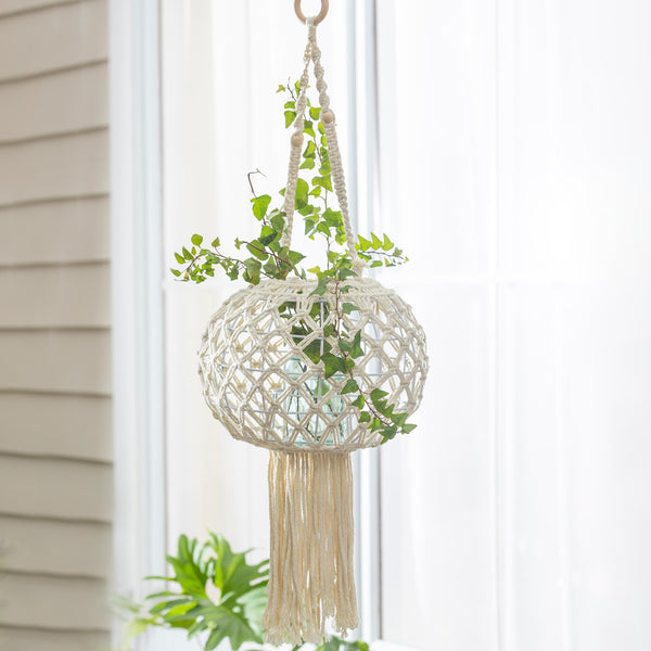 plow & hearth Macrame Large Hanging Globe Plant Cover Natural