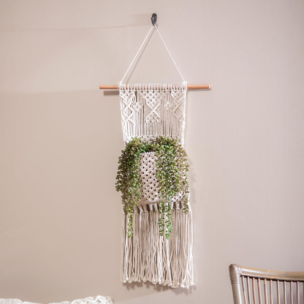 plow & hearth Macrame Wall Pocket Plant Cover Natural