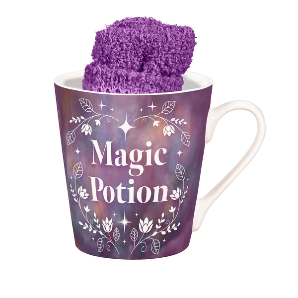 Plow & Hearth Magic Potion Ceramic Cup Flare Cup And Purple Socks Gift Set 12oz Gift Box