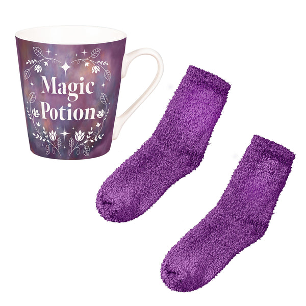 Plow & Hearth Magic Potion Ceramic Cup Flare Cup And Purple Socks Gift Set 12oz Gift Box