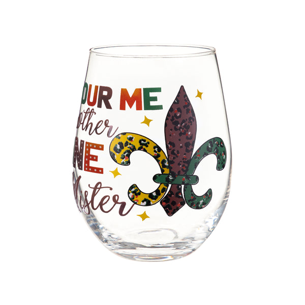 Plow & Hearth Mardi Gras Fleur De Lis Stemless Glass 17oz Gift Box