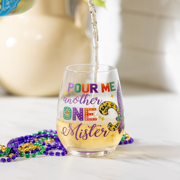plow & hearth Mardi Gras Fleur De Lis Stemless Glass 17oz Gift Box
