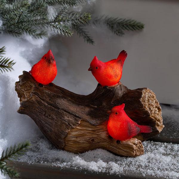 Plow & Hearth Memorial Garden Statue Solar Cardinal Family On Wooden Log 5"H