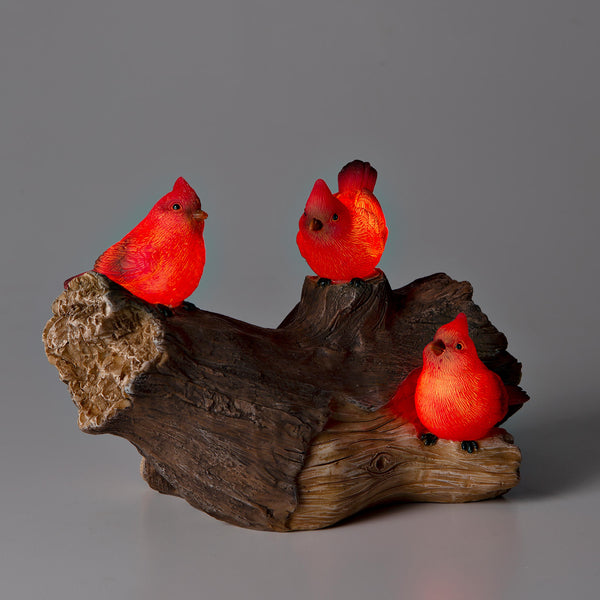 Plow & Hearth Memorial Garden Statue Solar Cardinal Family On Wooden Log 5"H