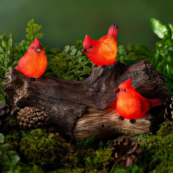 plow & hearth Memorial Garden Statue Solar Cardinal Family On Wooden Log 5"H