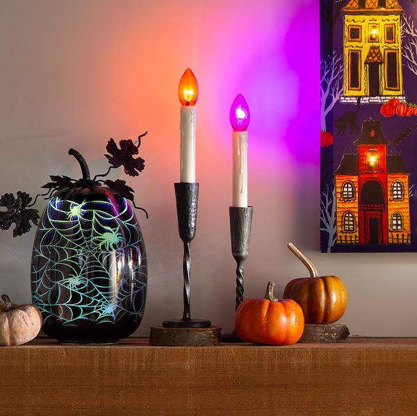 Plow & Hearth Mercury Glass Lighted Pumpkin Halloween Accent Blue Spider Web