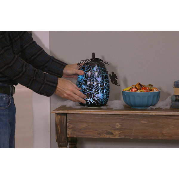Plow & Hearth Mercury Glass Lighted Pumpkin Halloween Accent Blue Spider Web