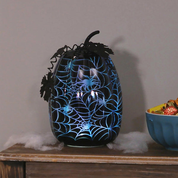 plow & hearth Mercury Glass Lighted Pumpkin Halloween Accent Blue Spider Web